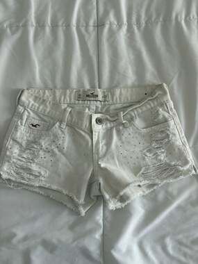 Hollister Rhinestone Embellished Distressed White Denim Cut-Off Shorts